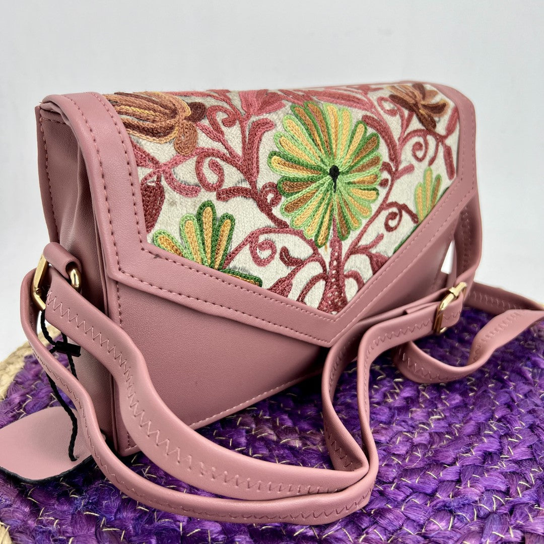 Sling Handbag – Elegant Handcrafted Sling Handbag with Colorful Embroidered Flowers