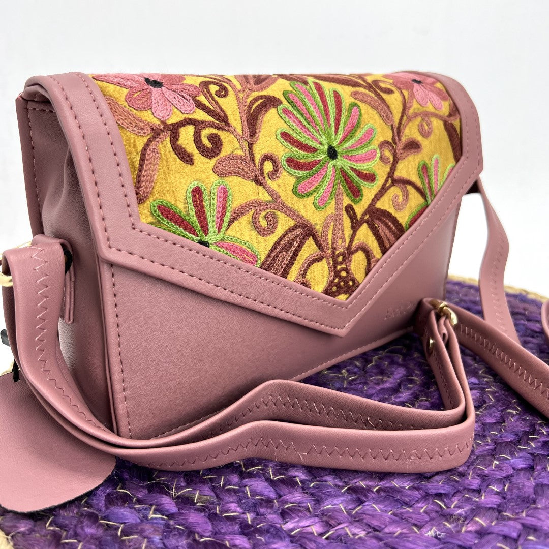 Sling Handbag – Chic Hand-Embroidered Sling with Intricate Floral Art