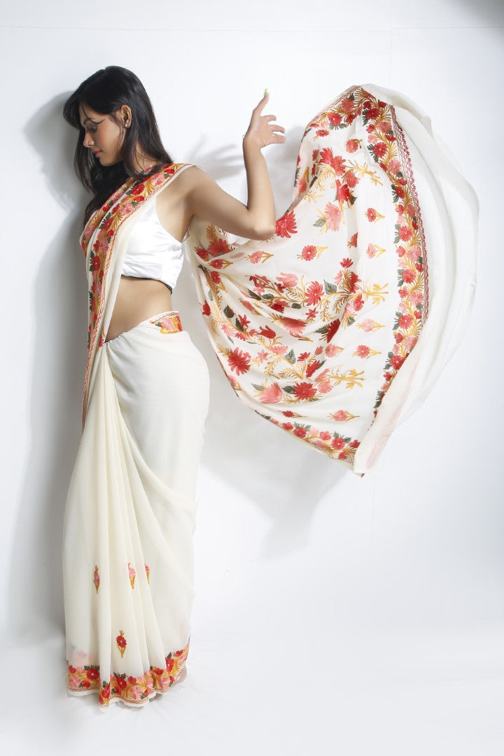Threads of Paradise: Kashmiri Embroidered Georgette Saree
