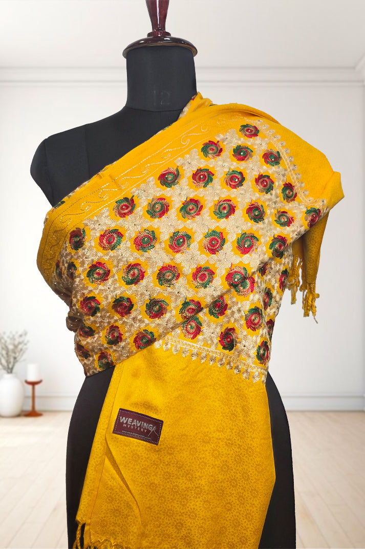 Yellow Phulkari Wedding Shawl – Elegant Hand-Embroidered Bridal Wrap