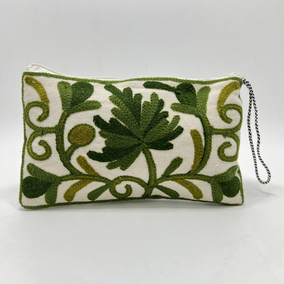 Kashmiri Hand Embroidered Zip Pouch White & Light Green-Dark Green