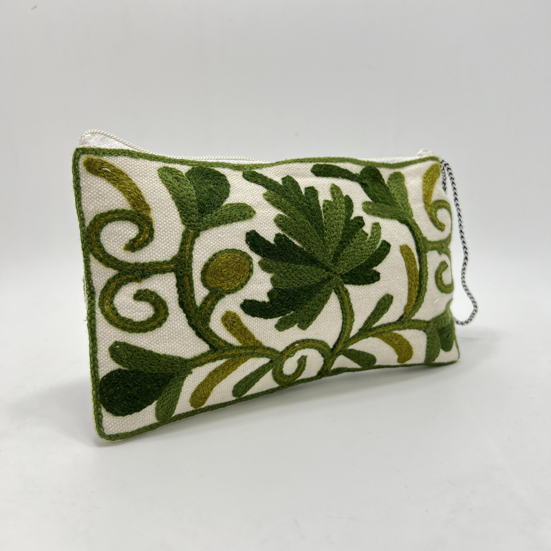 Kashmiri Hand Embroidered Zip Pouch White & Light Green-Dark Green