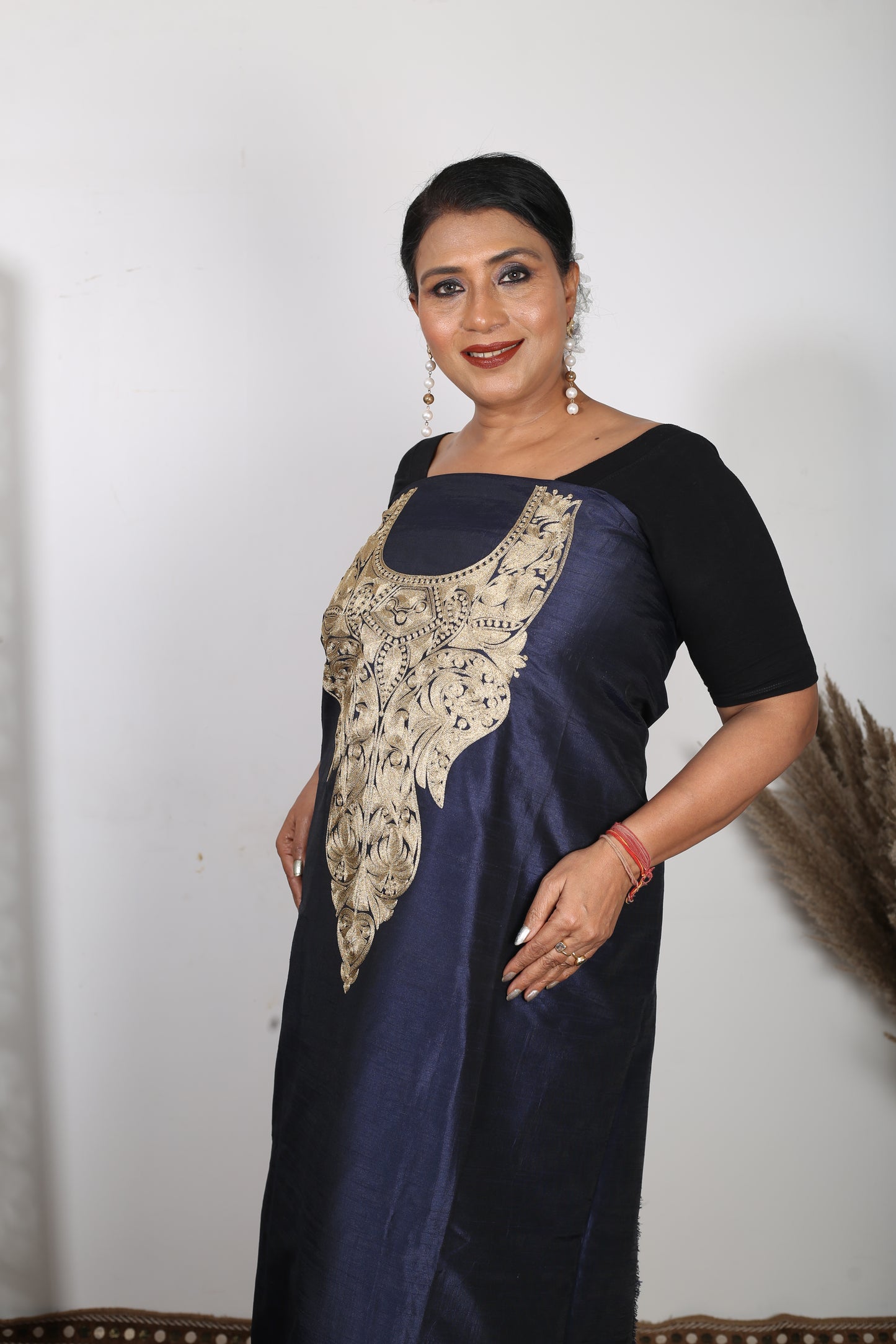 Women's Unstitched Winter Woollen Pashmina Suit Material in Navy Blue Zari.