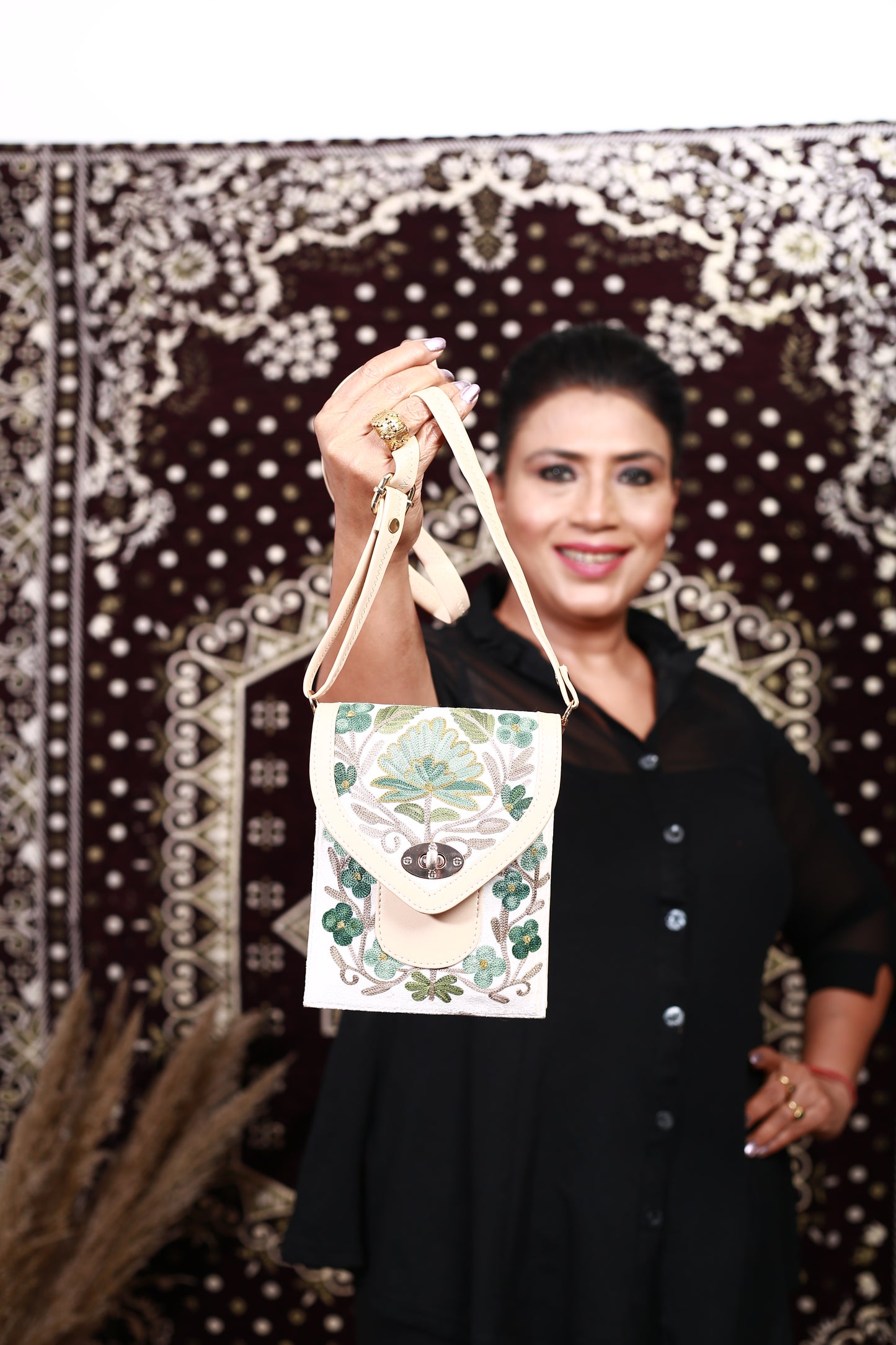 Chirpy Bloom Mobile cum Wallet Sling – Beautifully Hand-Embroidered Sling with Floral Design