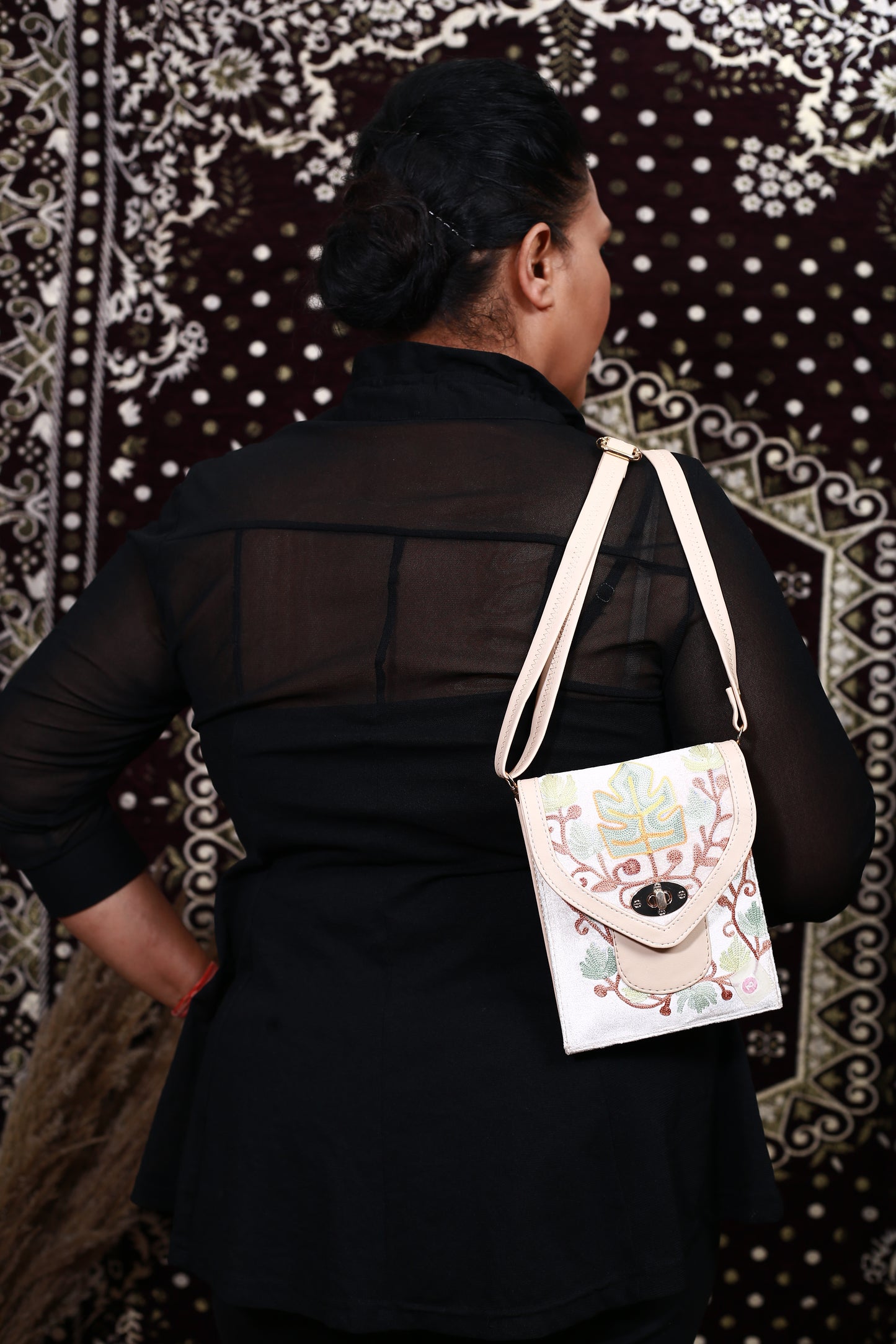 Chirpy Bloom Mobile cum Wallet Sling – Hand-Embroidered Floral Design