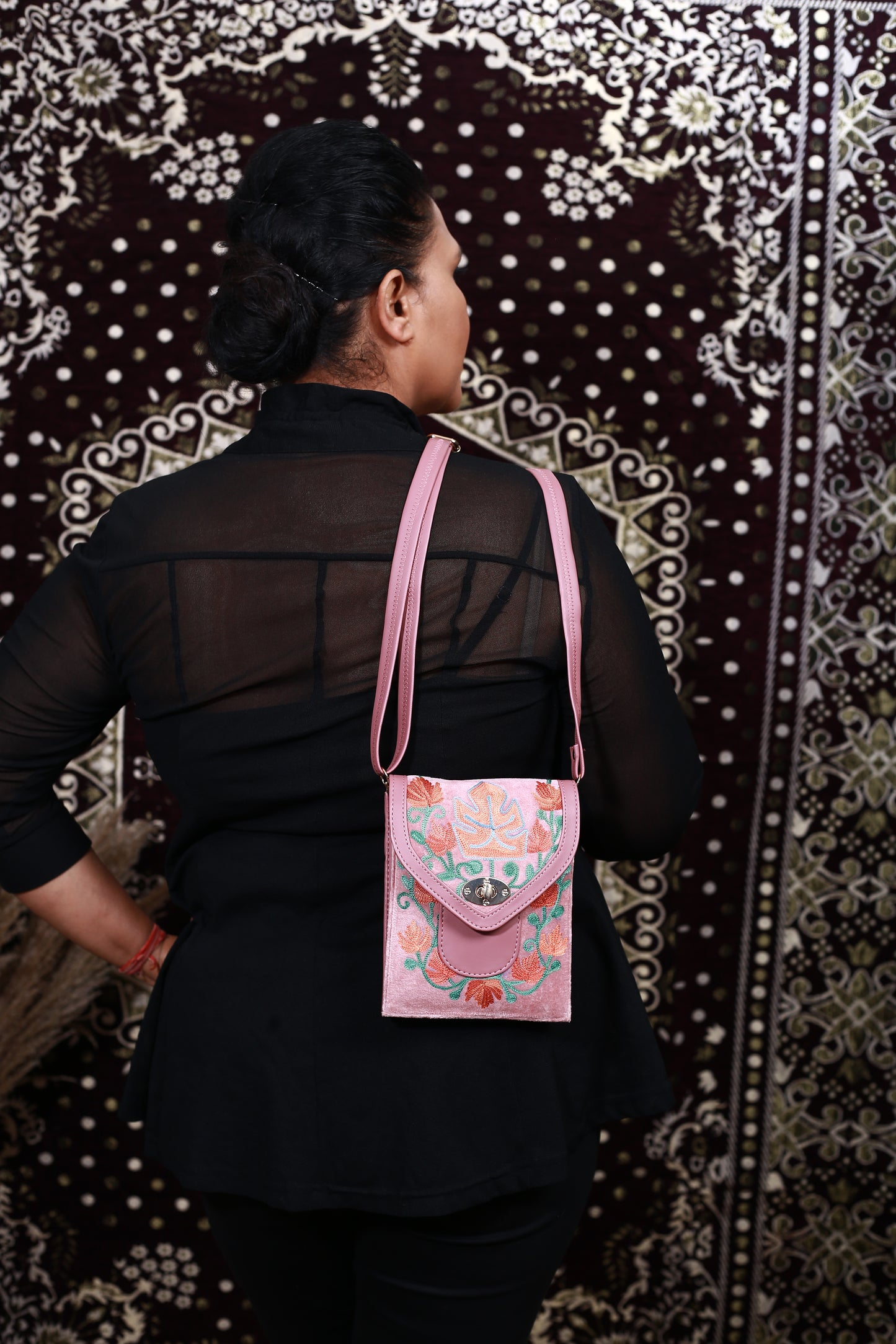 Chirpy Bloom Mobile cum Wallet Sling – Beautiful Hand-Embroidered Floral Sling with Wallet