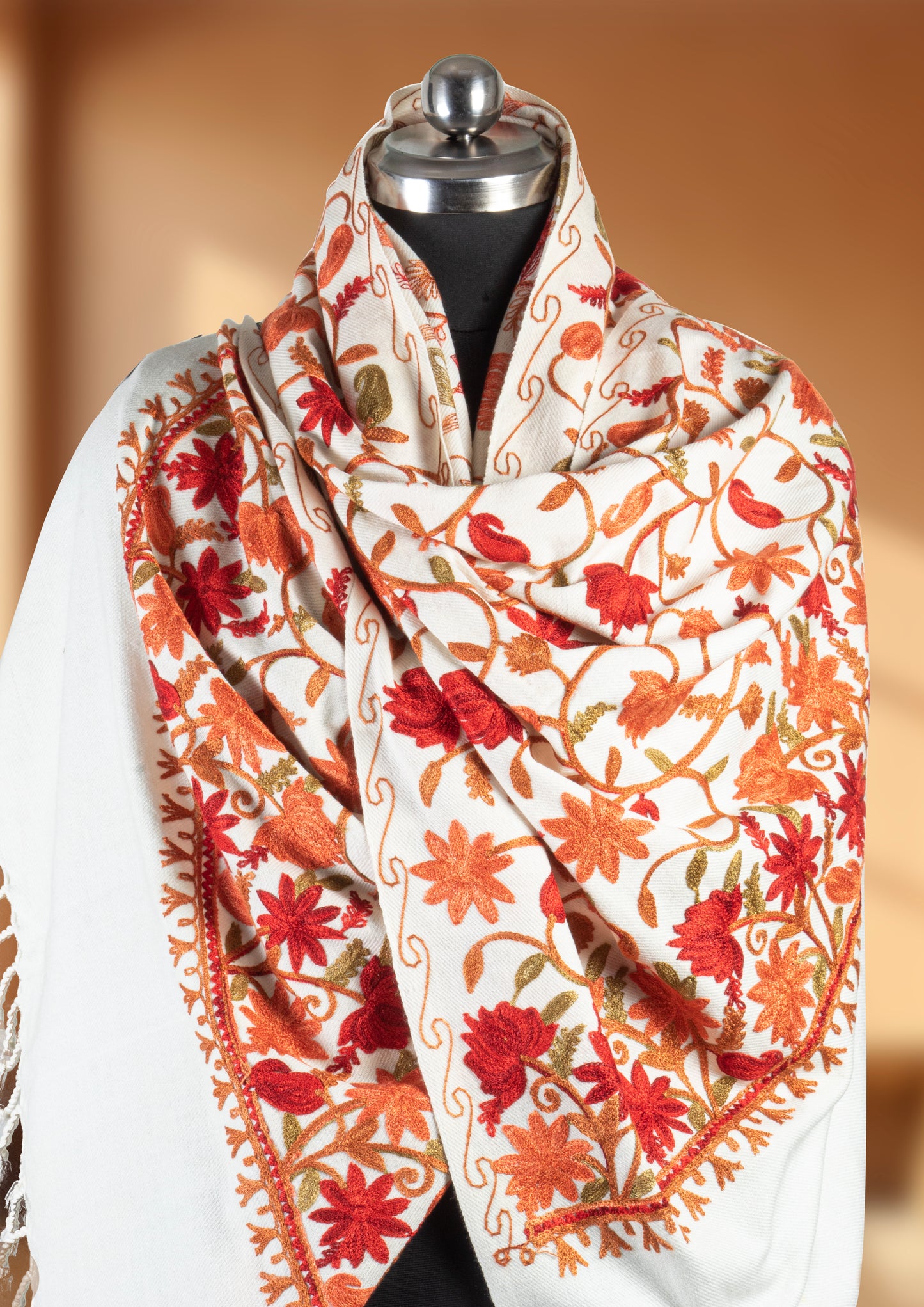 Weaving Mystery Blended Pashmina Women`s Aari Shawl – Elegant Cream Base with Handcrafted Multicolor Floral Embroidery for Timeless Sophistication