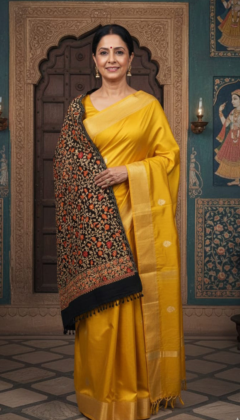 Black Aari Shawl – Hand-Embroidered Kashmiri Masterpiece | Only 1 Piece Available