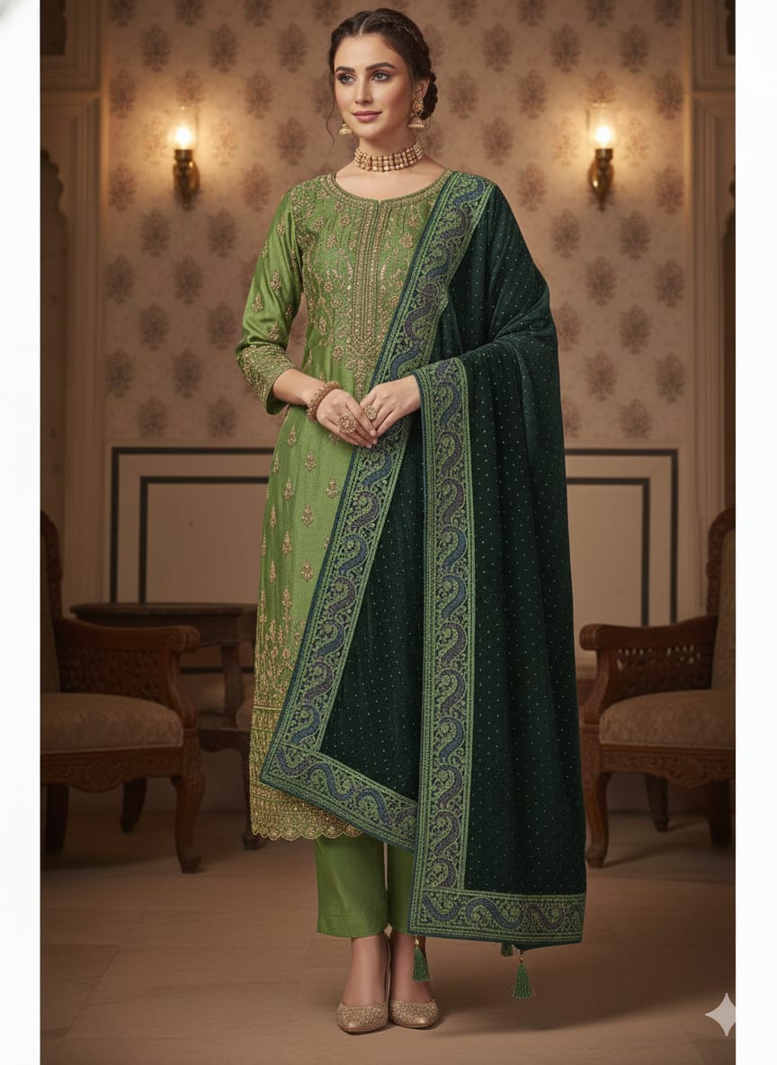 Bottle Green Velvet Swarovski Stole – Luxurious Hand-Embroidered Silk Thread & Swarovski Work