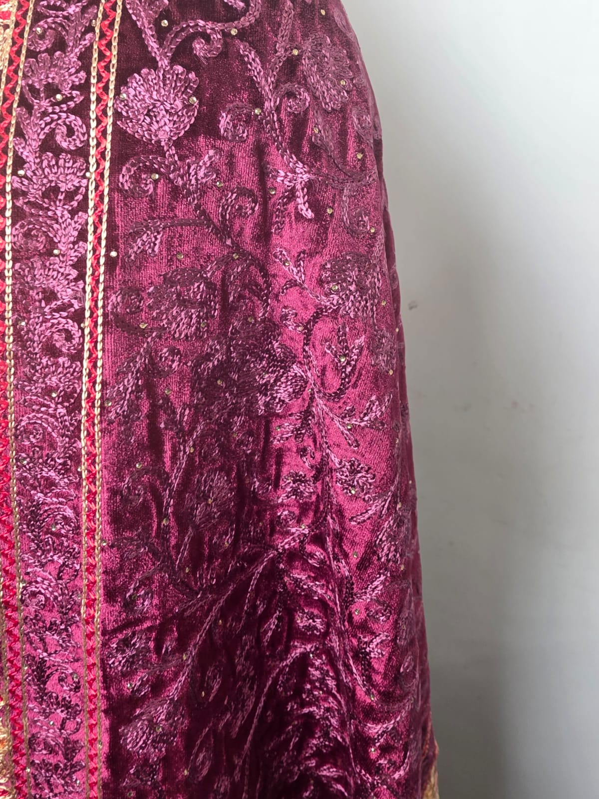 Wine Velvet Wedding Stole – Handcrafted Silk Thread Embroidery with Swarovski Accents
