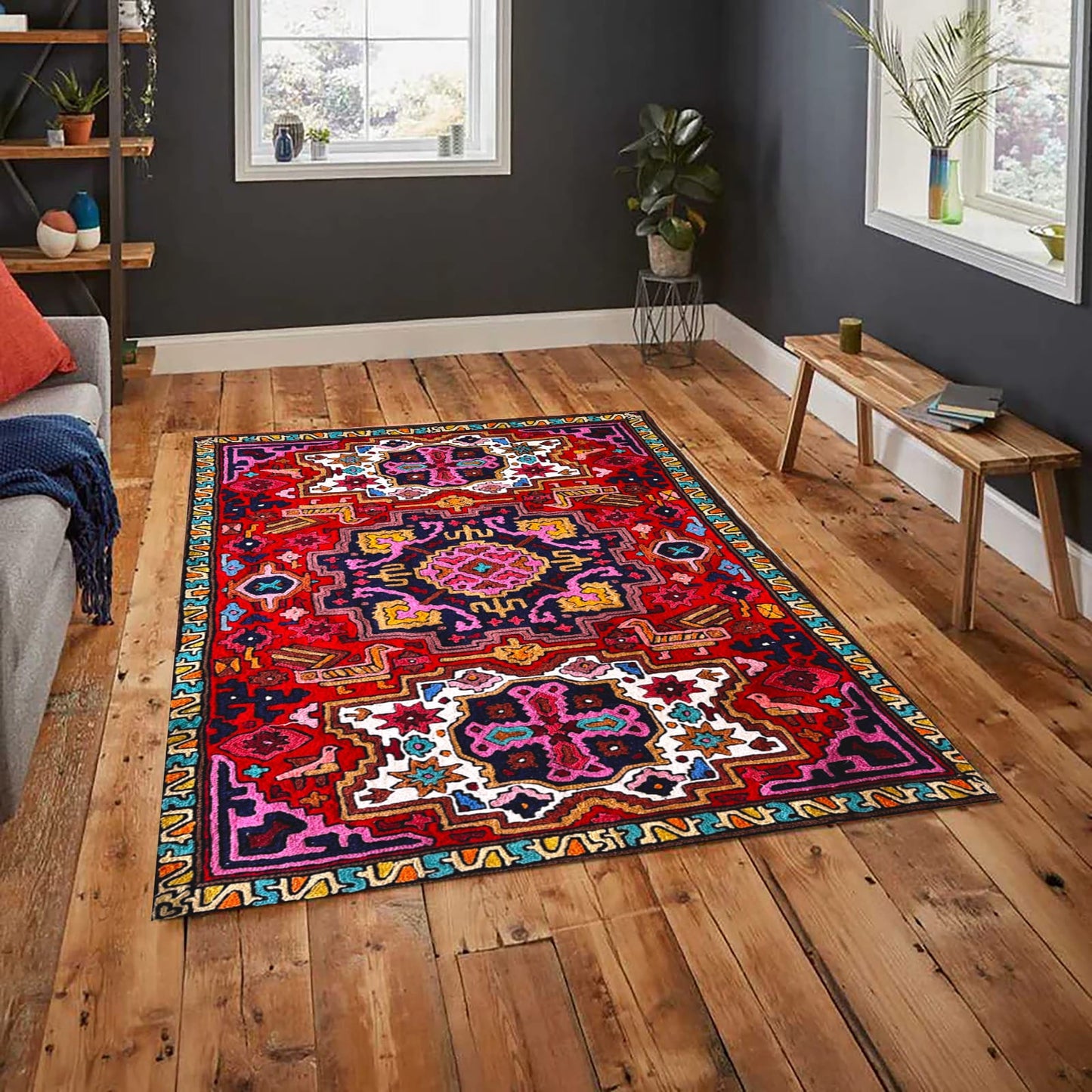 Cheery Red Modern Design Carpet With Multicolor Border