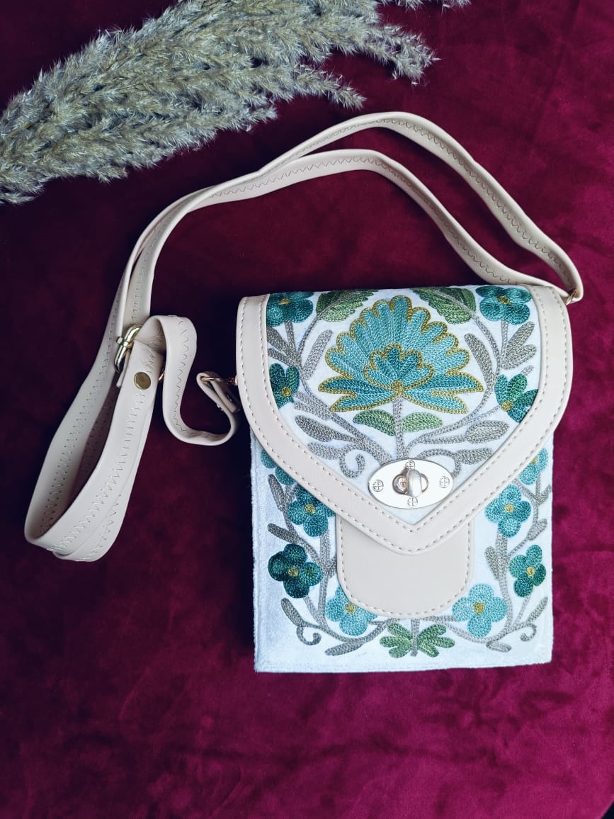 Chirpy Bloom Mobile cum Wallet Sling – Hand-Embroidered Sling with Beautiful Blooms for Mobile & Wallet