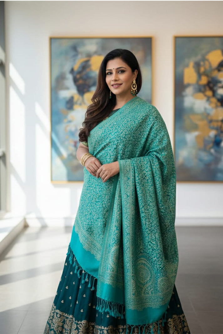 Teal Green Zari Shawl – Elegant, Festive & Timeless for women.