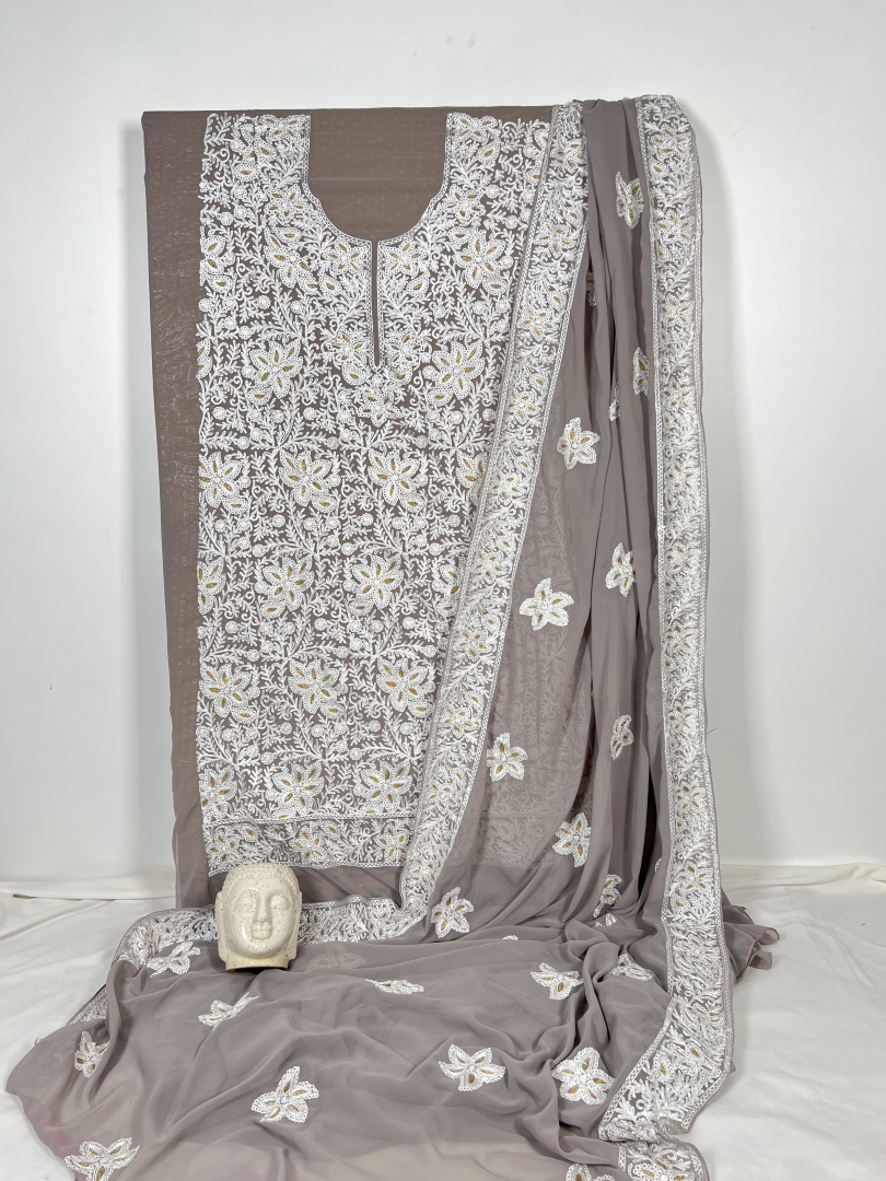 Fossil Grey : Kashmiri Embroidery Ensemble Unstitched Suit