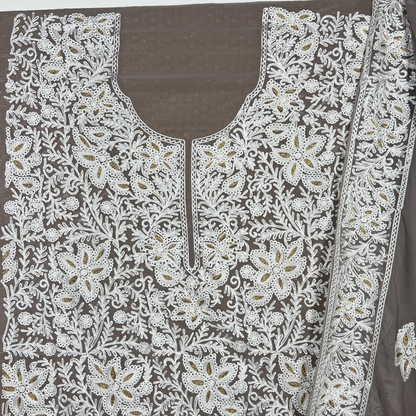 Fossil Grey : Kashmiri Embroidery Ensemble Unstitched Suit