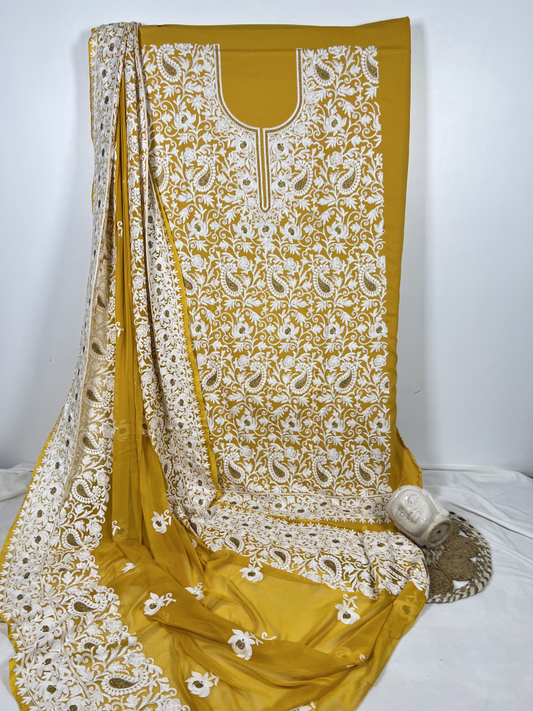 Pineapple Yellow Magic: Kashmiri Embroidery Unstitched Suits