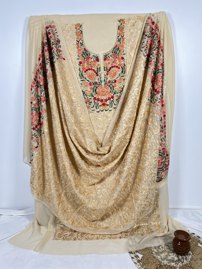 Gulmohar Gleam: Unstitched Kashmiri Embroidery Ensemble with Dupatta