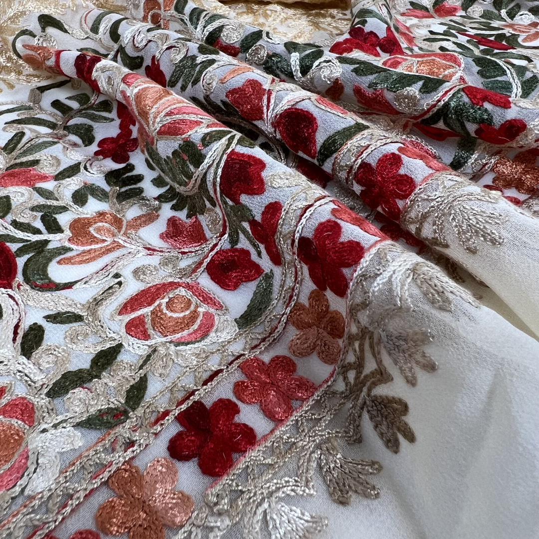Gulmohar Gleam: Unstitched Kashmiri Embroidery Ensemble with Dupatta