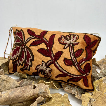 Hand Embroidered Velvet Kashmiri Pouch Orange Brown