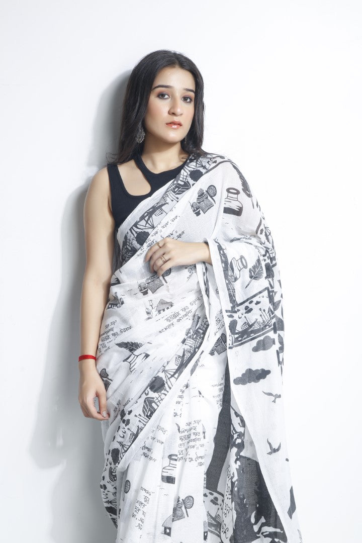 White Cotton Rabindranath Cotton Printed Saree - Kolkata Exclusive