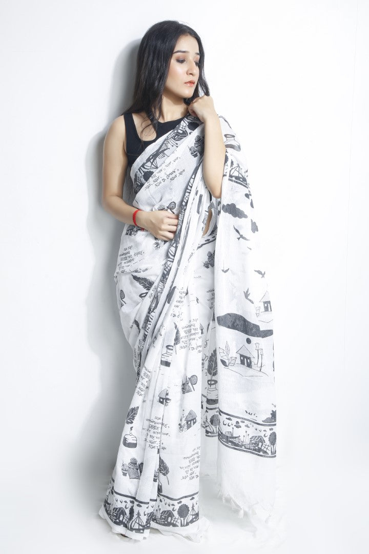 White Cotton Rabindranath Cotton Printed Saree - Kolkata Exclusive