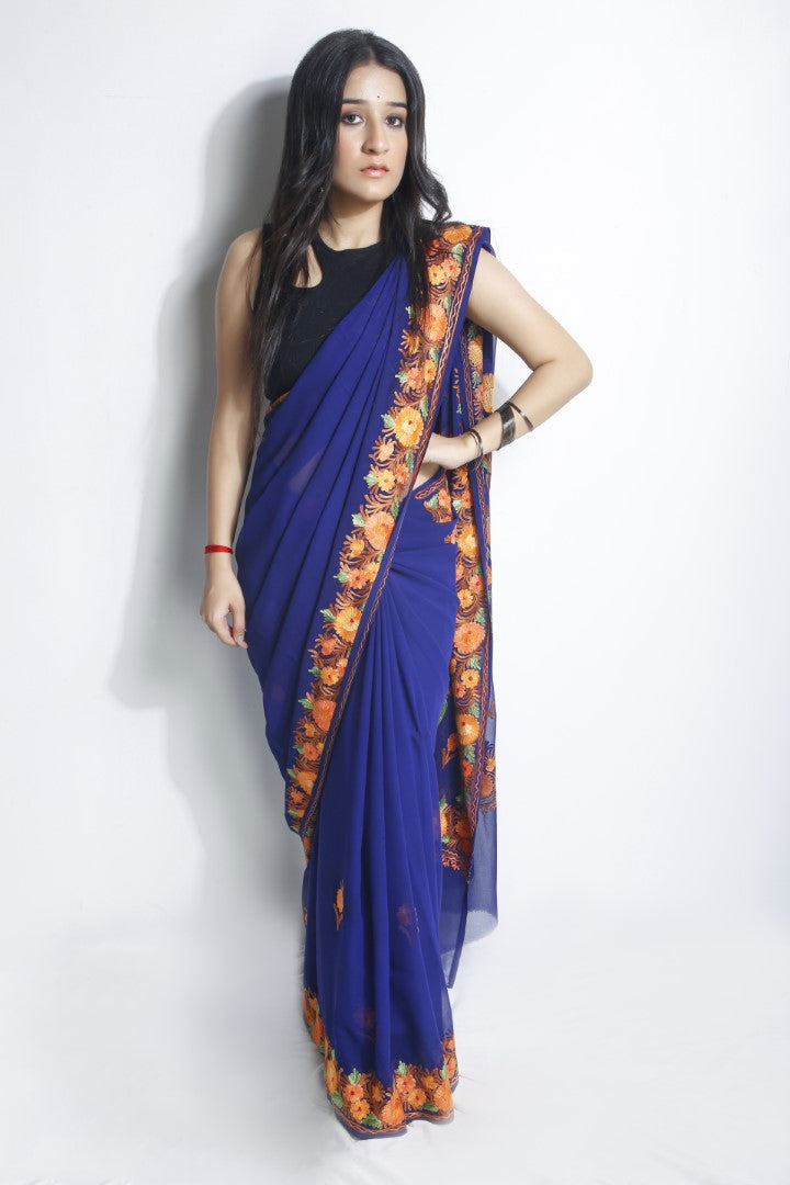 Regal Splendor: Kashmiri Georgette Saree Royal Blue