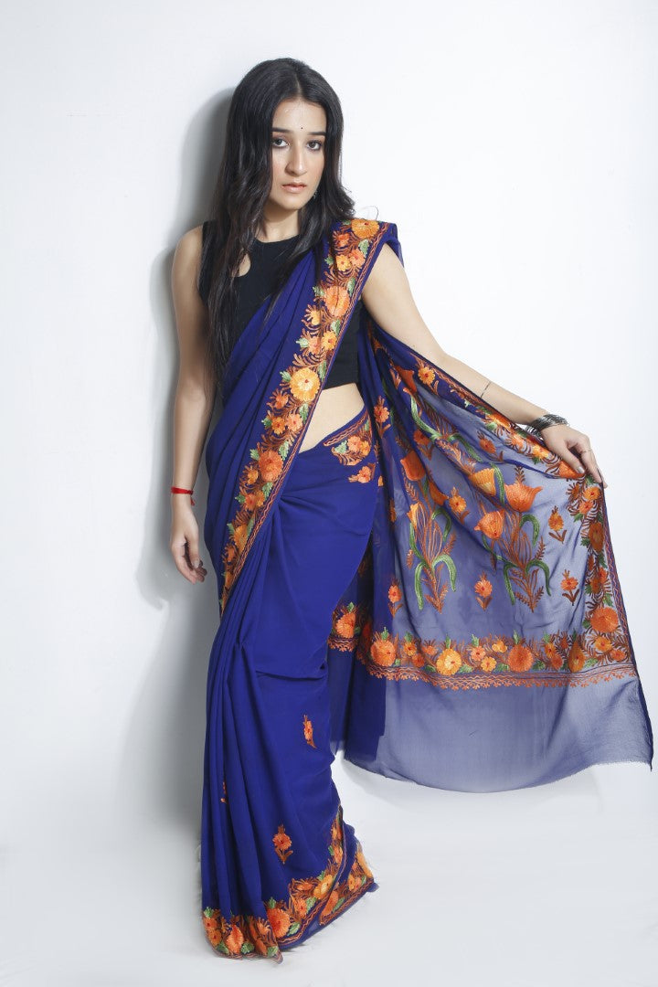 Regal Splendor: Kashmiri Georgette Saree Royal Blue