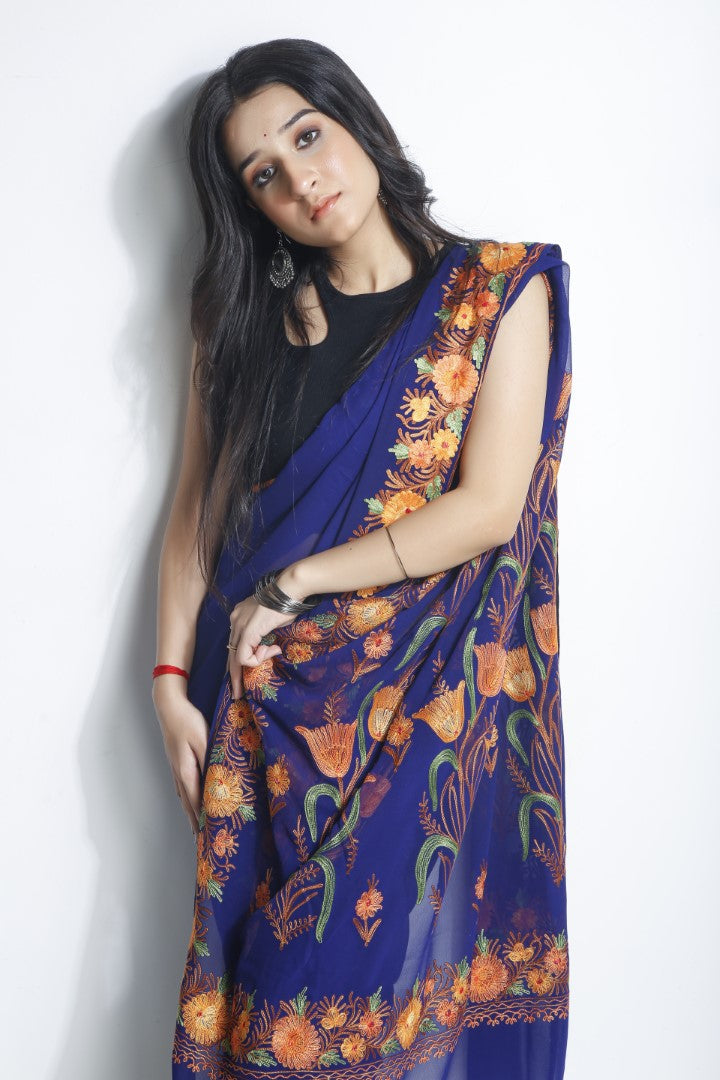 Regal Splendor: Kashmiri Georgette Saree Royal Blue