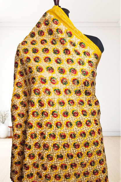 Yellow Phulkari Wedding Shawl – Elegant Hand-Embroidered Bridal Wrap