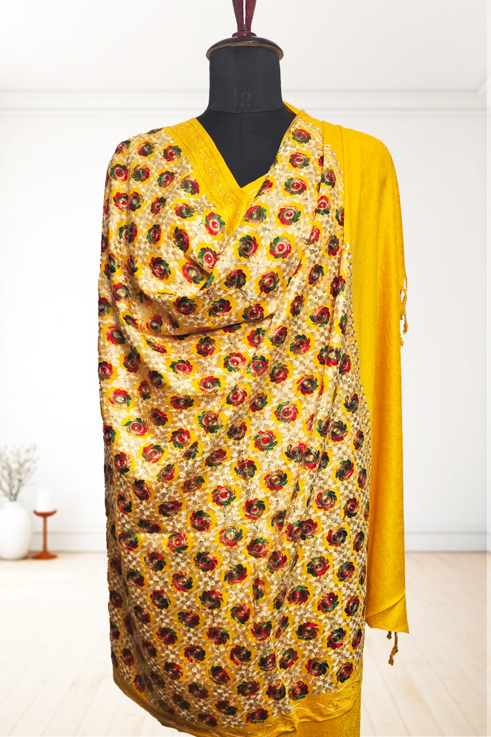 Yellow Phulkari Wedding Shawl – Elegant Hand-Embroidered Bridal Wrap