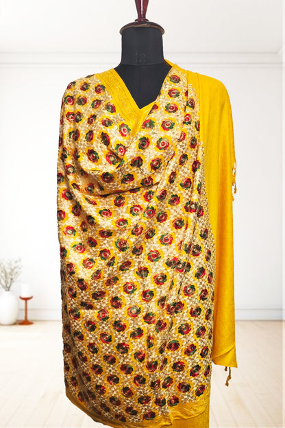 Yellow Phulkari Wedding Shawl – Elegant Hand-Embroidered Bridal Wrap