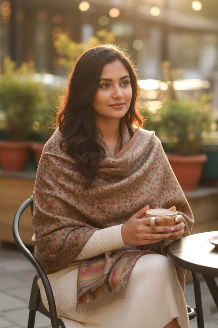 Beige & Yellow Kani Zari Shawl – Handwoven Kashmiri Elegance