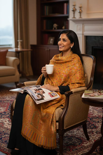 Mustard Kani Zari Shawl – Handwoven Kashmiri Elegance