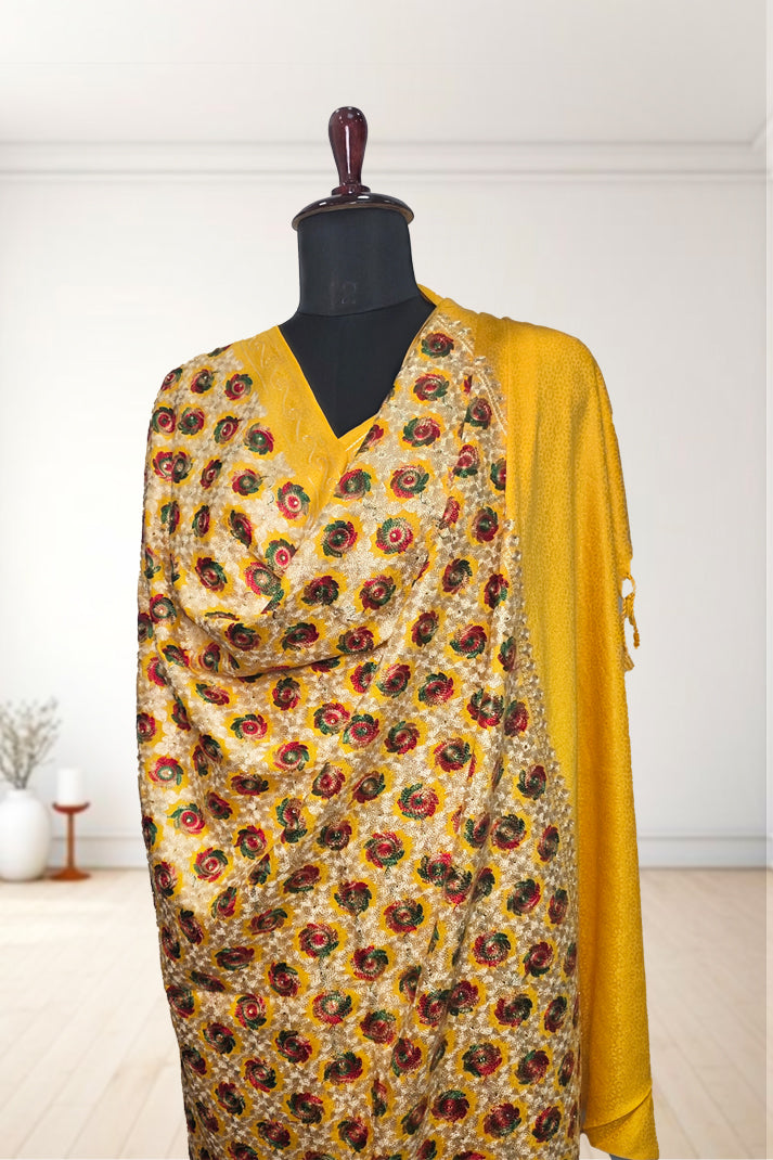 Yellow Phulkari Wedding Shawl – Elegant Hand-Embroidered Bridal Wrap