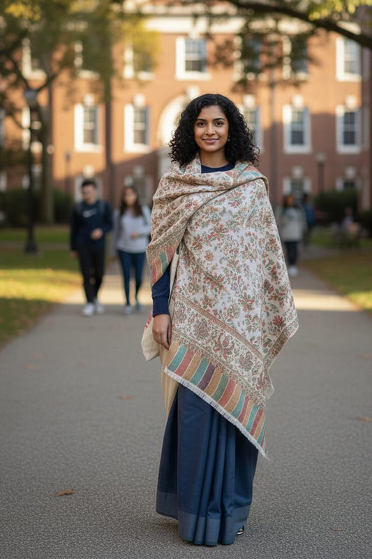Luxury White Kani Shawl – Traditional Handloom