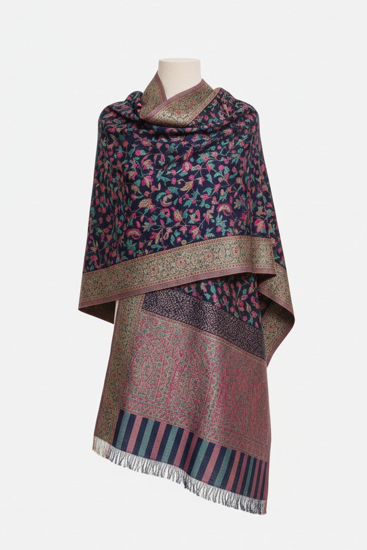 Navy Blue Kani Zari Shawl – Luxurious Handwoven Kashmiri Elegance
