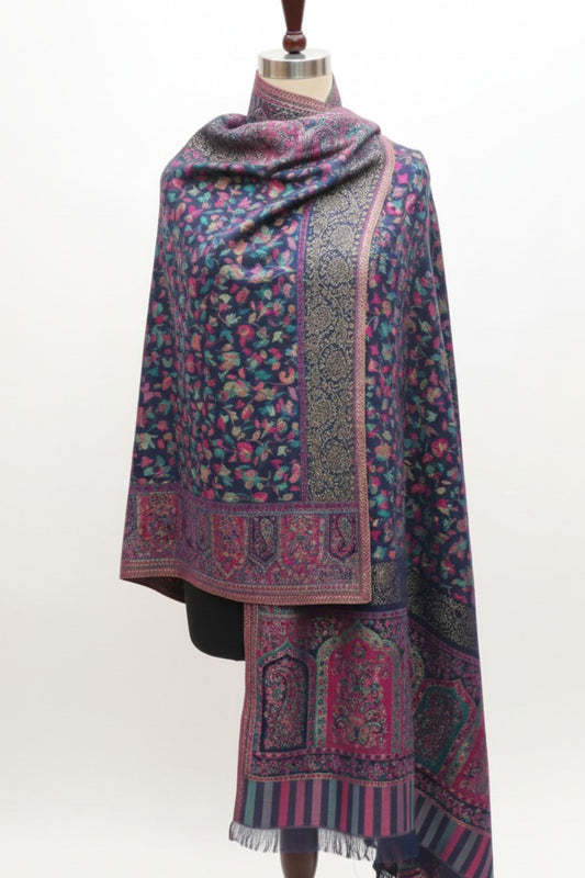 Navy Blue Kani Zari Shawl – Luxurious Handwoven Kashmiri Elegance