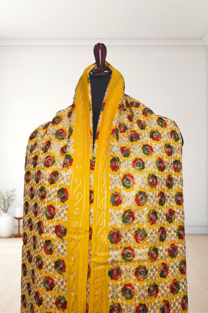 Yellow Phulkari Wedding Shawl – Elegant Hand-Embroidered Bridal Wrap