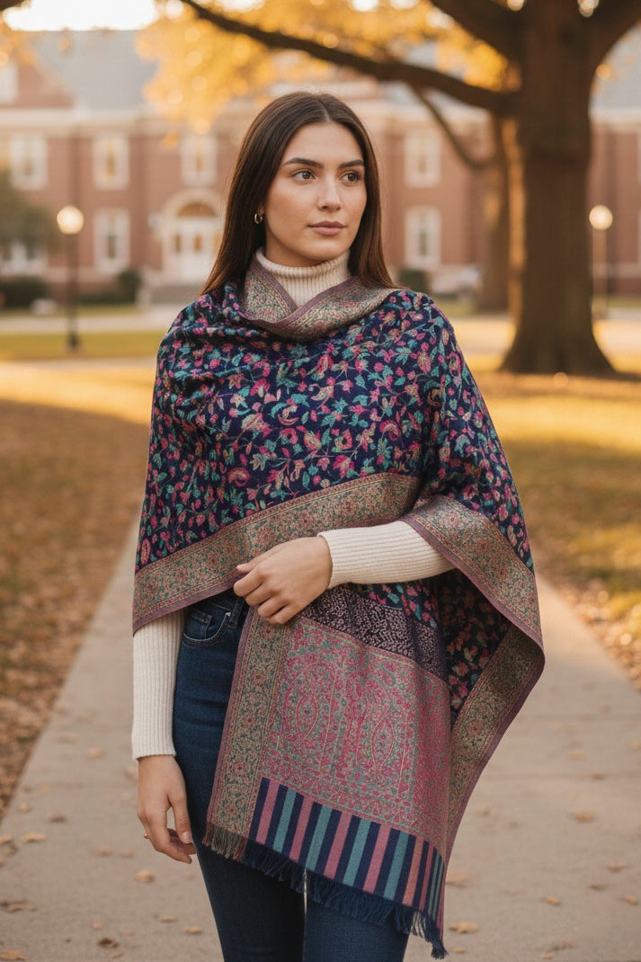 Navy Blue Kani Zari Shawl – Luxurious Handwoven Kashmiri Elegance