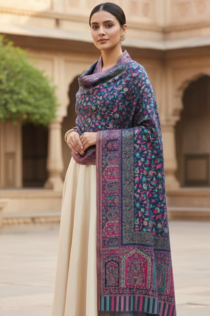 Navy Blue Kani Zari Shawl – Luxurious Handwoven Kashmiri Elegance