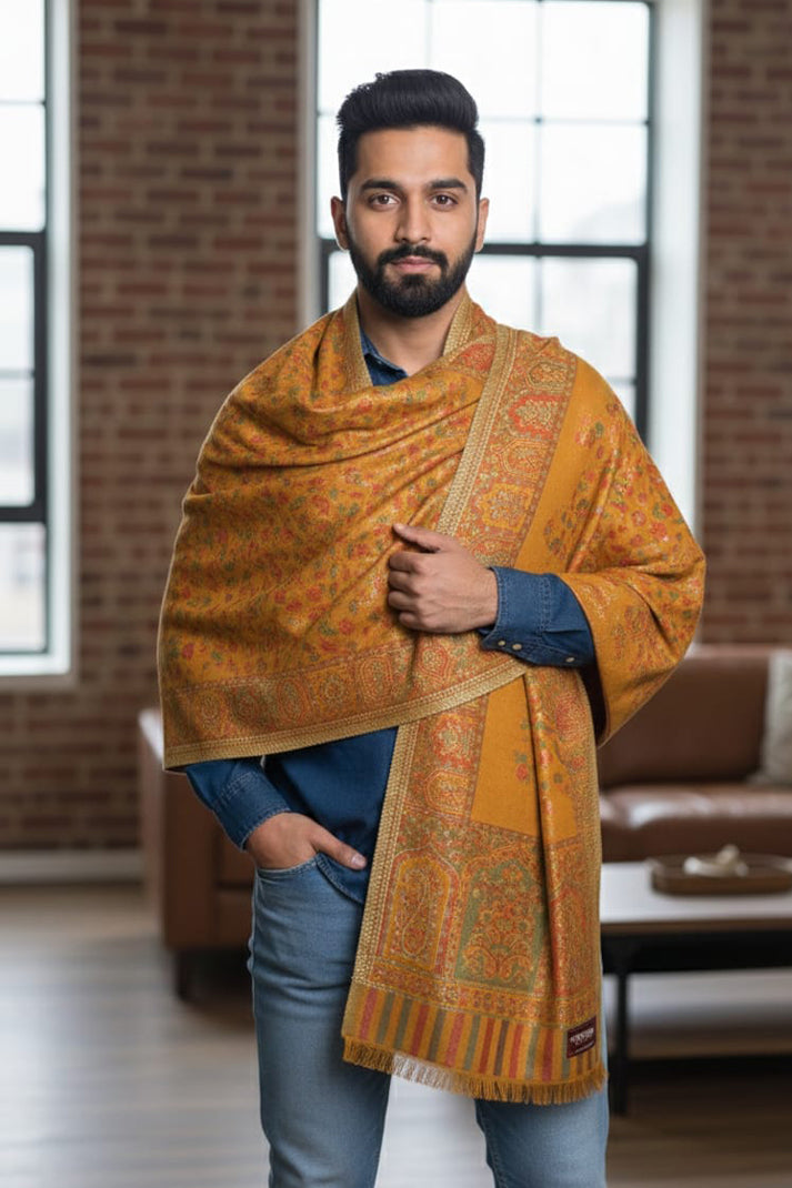 Mustard Kani Zari Shawl – Handwoven Kashmiri Elegance