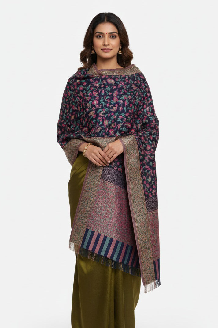 Navy Blue Kani Zari Shawl – Luxurious Handwoven Kashmiri Elegance