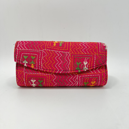 Exclusive Kantha Stich Hand Embroidered Pink Clutch Bag from Kolkata