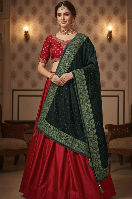 Bottle Green Velvet Swarovski Stole – Luxurious Hand-Embroidered Silk Thread & Swarovski Work