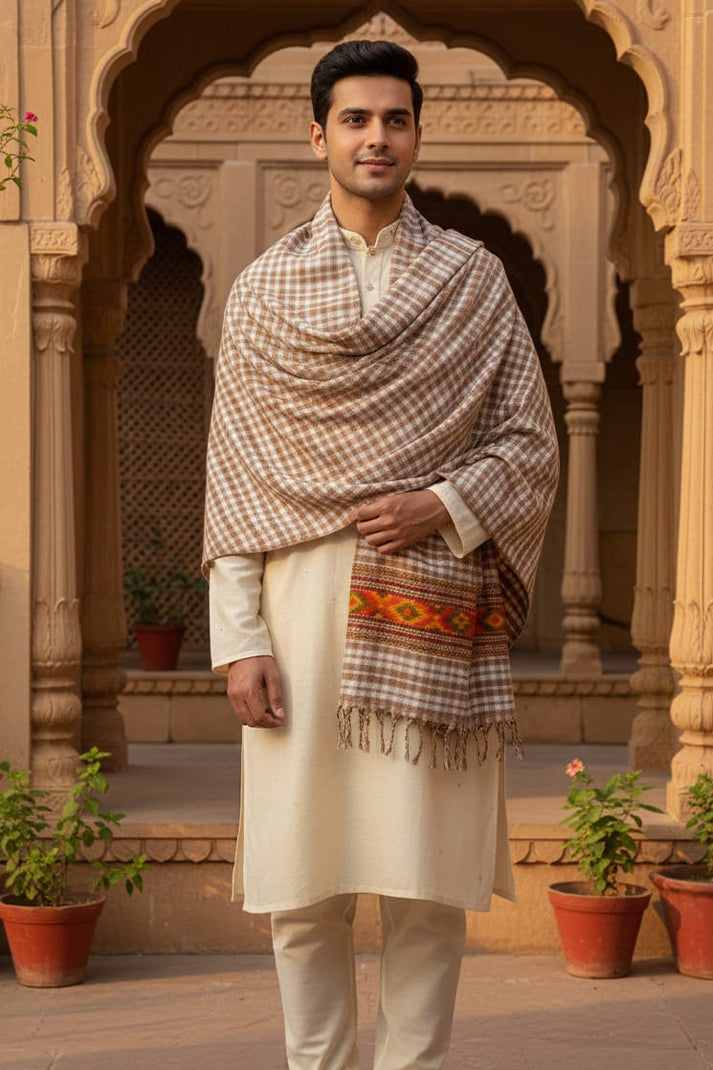 Mens Woolen Brown Check Loyi(2.5mtrs) – Soft & Heavy Winter Shawl
