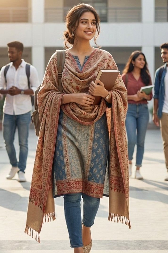 Beige & Red Kani Kat Zari Shawl – Regal Festive & Wedding Wear