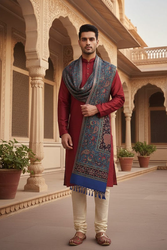 Black & Blue Kanni Zari Shawl – Handwoven Kashmiri Elegance with Rich Zari Work