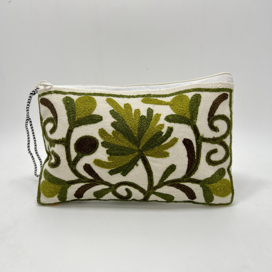 Kashmiri Hand Embroidered Zip Pouch White & Green