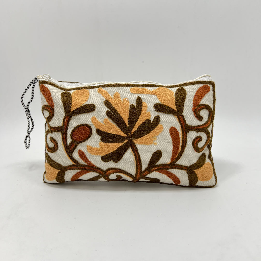 Kashmiri Hand Embroidered Zip Pouch White & Green-Brown