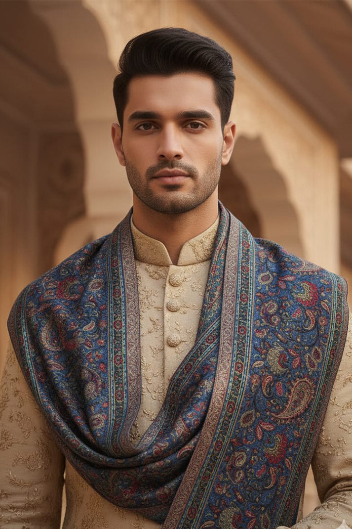 Black & Blue Kani Zari Shawl – Handwoven Kashmiri Luxury